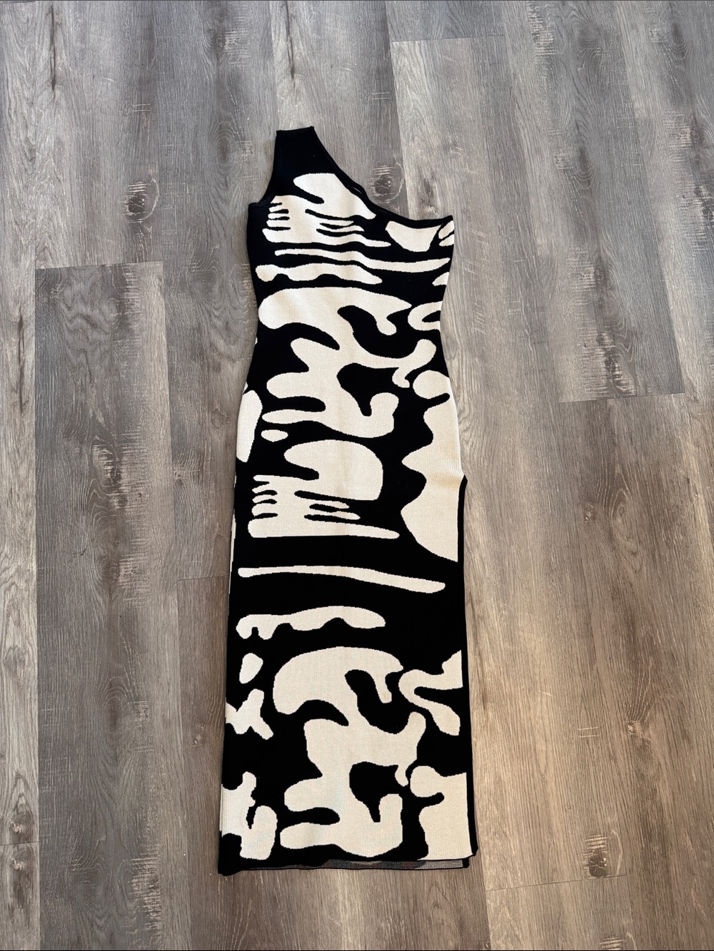 One-Shoulder Black and Cream Abstract Knit Maxi Dress